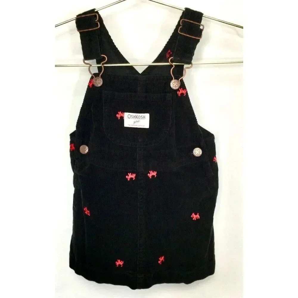 Oshkosh Girls Size 24 Months Corduroy Overalls Shorts Black Red Embroidered